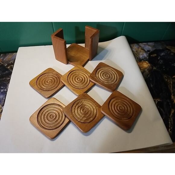 Vintage MCM Dolphin Square Brown Teakwood Coaster Rack Set w/6 Coasters - Picture 2 of 5